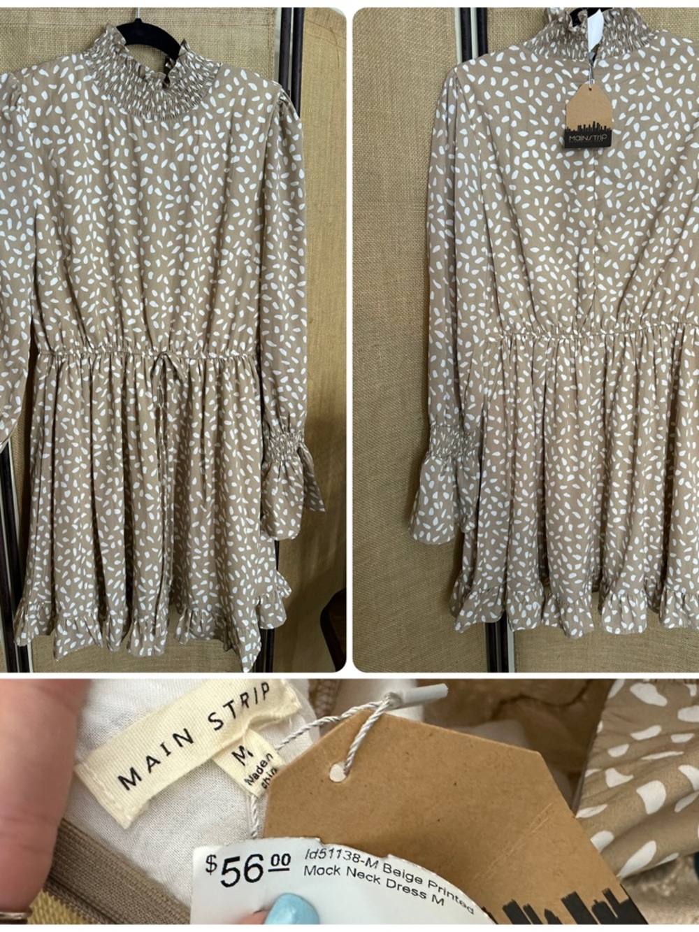 Main Strip Beige and White Printed Mock Neck Dress